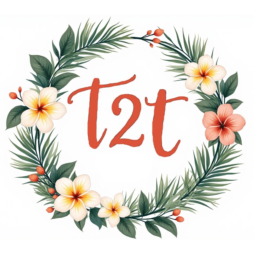 T2T logo: hand-lettered t2t inside a wreath of palm fronds and plumeria